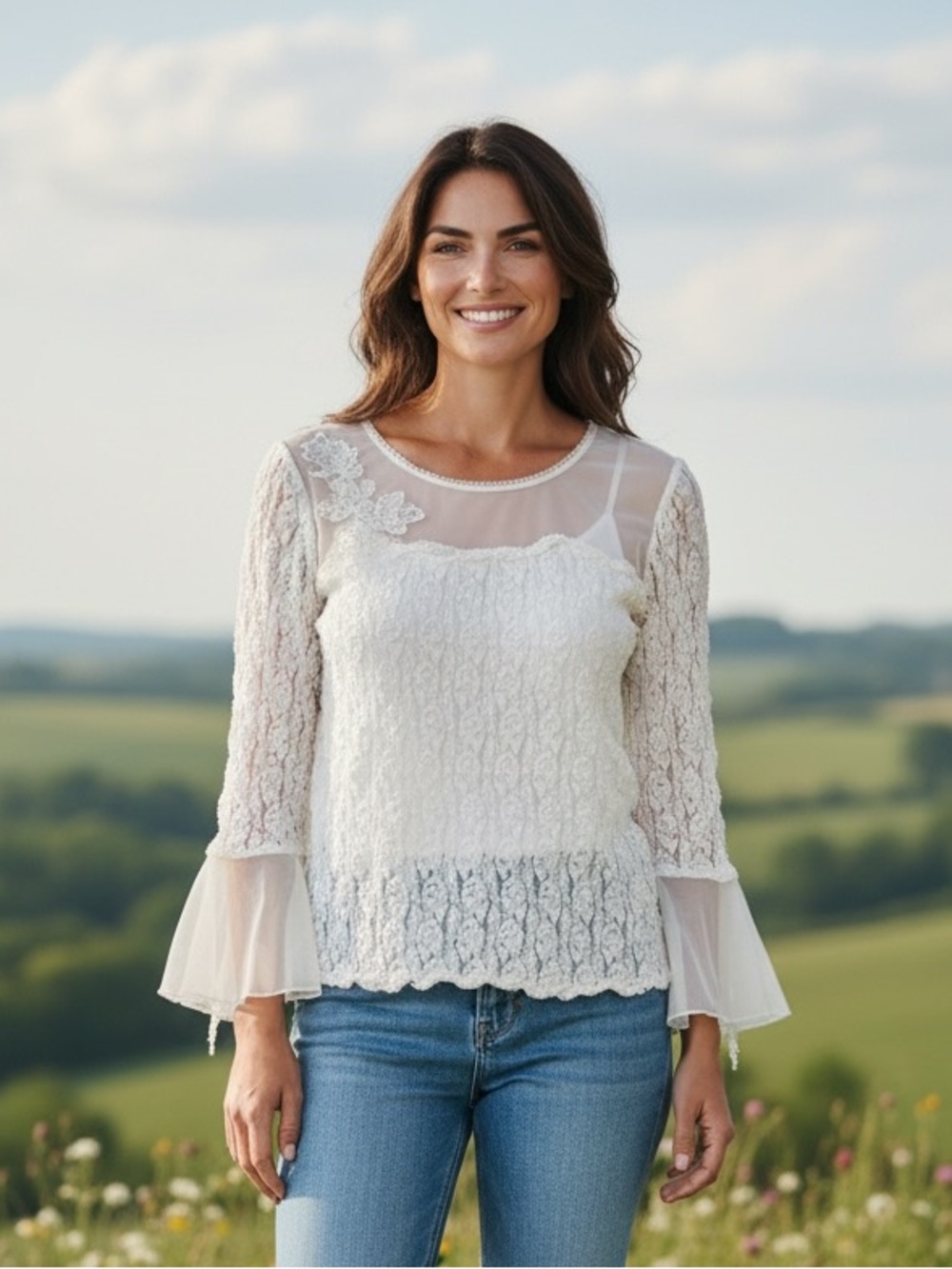 Algo Womens White Lace Sheer Mesh‎ Bell Sleeve Blouse Floral Applique XL